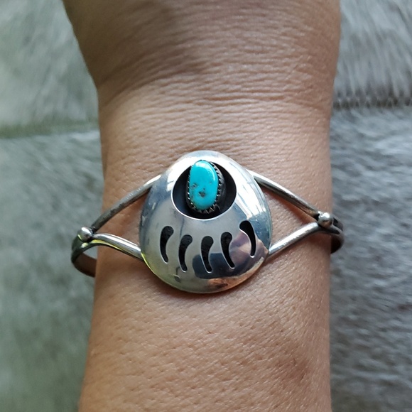 Vintage Jewelry - Silver and Turquoise Bear Paw Cuff Bracelet Adjustable Native Tribal Indigenous